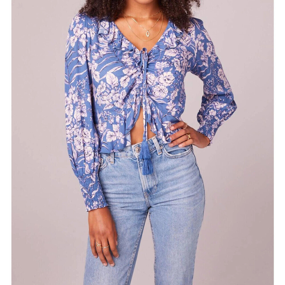 Band Of Gypsies B.O.G. Front Tie Amethyst Floral Drawstring Top Blue Size S $79